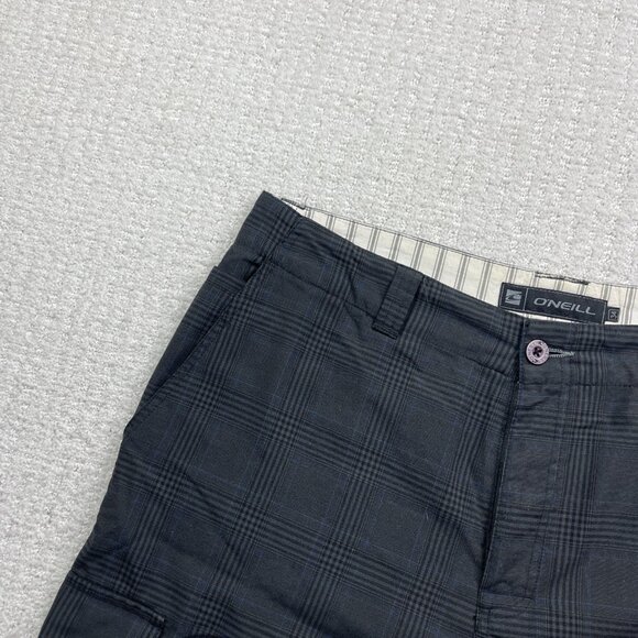 Oneill Board Shorts Mens 34 Grey / Blue Plaid Relaxed Skater Cargo Beach - Picture 3 of 12